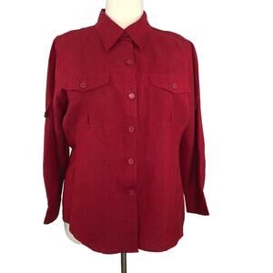 Caran New York Button Front Blouse Linen Size 2X Roll Tabbed Sleeves Red